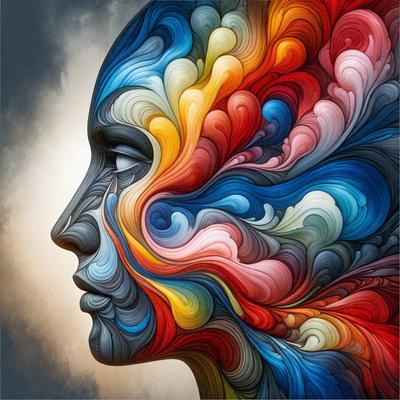 The primary subject of the image is a close-up of a person's face, with a focus on the eyes and the surrounding area. The setting is a painting, which showcases a vibrant and colorful artwork. The visual style is a mix of digital art and illustration, creating a unique and eye-catching piece. The colors and mood of the painting are lively and energetic, with a strong emphasis on the use of bright and bold hues.